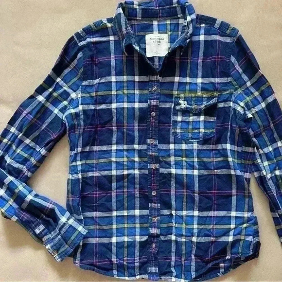 Abercrombie & Fitch New York Flannel Plaid Button Down Shirt Navy Blue Large - Picture 3 of 9